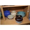 Image 2 : Shelf lot of vintage pottery and stoneware including lidded pot and mixing bowls. Not available for 
