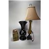 Image 1 : Large amethyst art glass vase 20" in height, a pottery lidded vessel plus a glazed pottery banquet l