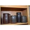 Image 1 : Shelf lot of seven brown glazed stoneware pieces including four jugs and three crocks. Not available