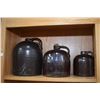 Image 2 : Shelf lot of seven brown glazed stoneware pieces including four jugs and three crocks. Not available