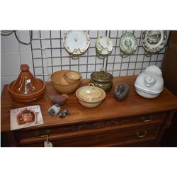 Selection of glazed pottery including Taylor & NG roaster, Raku birds, lidded and vented pots etc. p