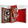 Image 1 : Wooden jewellery case with three layers of vintage and collectible costume jewellery including earri