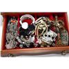 Image 2 : Wooden jewellery case with three layers of vintage and collectible costume jewellery including earri