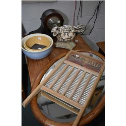 Selection of collectibles including three stoneware mixing bowls including Medalta, an oak framed be