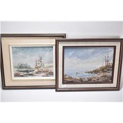 Two framed oil on board paintings including a rocky shoreline 9" X 12" and a winterscape 7" X 10" bo