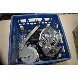 Selection of trailer parts including five stud hubs and two rhino winch racketing hand crank winches