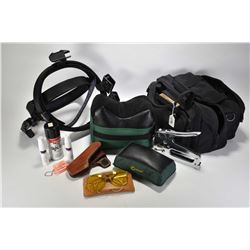 Range bag and contents including stapler with staples, glass cleaner, sight black, bean bags, 1911 h