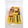Image 1 : Plastic tub with a selection of 30-30 and 30-06 ammo including approximately 60 rounds plus leather 