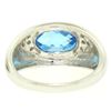 Image 5 : 14K White Gold Oval Checkerboard Cut Bezel Blue Topaz Solitaire & Diamond Ring