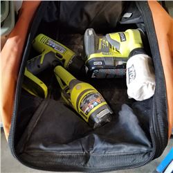 RYOBI CORDLESS DRILL, PALM SANDER, AND LIGHT, ONE BATTERY, NO CHARGER