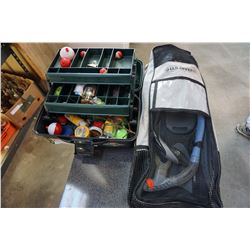 TACKLE BOX, FLIPPERS AND MASK