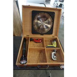 WOOD TOOL BOX WITH BLADES, 2 PIPE CUTTERS, FLASHLIGHT ETC