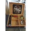 Image 1 : WOOD TOOL BOX WITH BLADES, 2 PIPE CUTTERS, FLASHLIGHT ETC