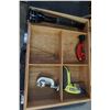 Image 2 : WOOD TOOL BOX WITH BLADES, 2 PIPE CUTTERS, FLASHLIGHT ETC