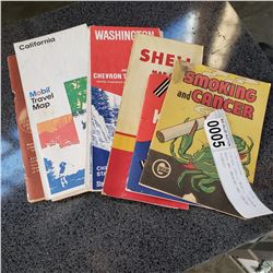 VINTAGE SHELL, MOBIL, CHEVRON MAPS AND SMOKING AND CANCER BOOKLET