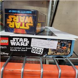 LEGO STARWARS BATTLE ON SARIF, MISSING FIGURES, STARWARS PRINTS, AND BOBAFETT TIN WIND UP