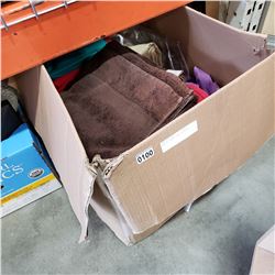 BOX OF TOWELS AND CURTAINS