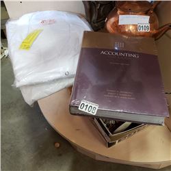 2 NEW LAB COATS AND NEW ACCOUNTING TEXT AND CASES BOOK