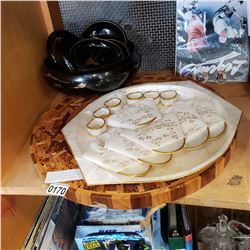 DECORATIVE WOOD CUTTING BOARD, SHELL DISHES AND BLACK WOODEN JAPANESE LAQUER DISHES
