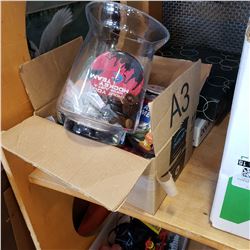 BOX OF NOVELTY PINS AND BELT