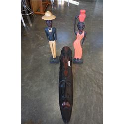 WOOD CARVED MASK AND 2 FIGURES