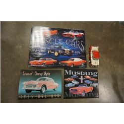 TIN CAR SIGNS, PAPER MACHE CAR, AND CARDBOARD ADVERT