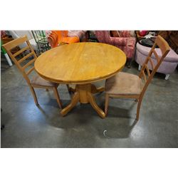 ROUND MAPLE DINING TABLE W/ JACK KNIFE LEAF AND 2 CHAIRS