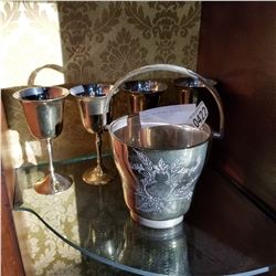 BRASS ICE BUCKET AND WINE GOBLETS