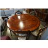 Image 1 : IN LAID ROUND COFFEE TABLE W/ HIGHLY CARVED BASE AND 6 CARVED BALLOON BACK CHAIRS