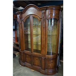 INLAID CARVED ANTIQUE 2 PIECE BOWED GLASS CHINA CABINET W/ KEY