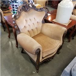 HIGHLY CARVED FRENCH PROVINCIAL ANTIQUE TUFTED ARM CHAIR