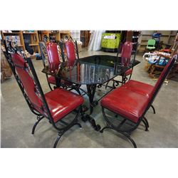 WROUGHT IRON TABLE WITH GLASS AND 6 CHAIRS