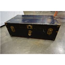 LION BRAND BLUE AND BLACK METAL BOUND TRUNK