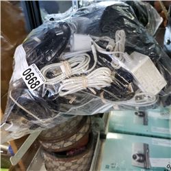 LARGE BAG OF ASSORTED CHARGING CORDS, CHARGERS, HEADPHONES, ETC