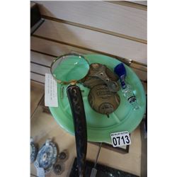 LOT OF JADEITE PLATE WITH BRASS DIVER DOOR KNOCKER AND HORN MAGNIFYING GLASS