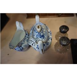 ROYAL CROWN DERBY CREAM AND SUGAR AND STERLING SALT AND PEPPER SHAKERS