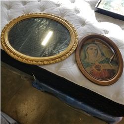 GILT FRAMED OVAL MIRROR AND ANTIQUE PICTURE FRAME