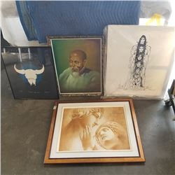 PRINT AND 3 PAINTINGS