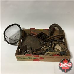 Tray Lot: Horse Related Items (Bits, Stirrup, Horse Shoes, Curry Comb, Grazing Muzzle, etc