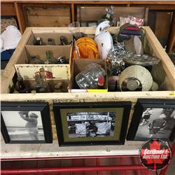Crate Lot: Variety of Bottles, Variety of Avon Cologne Bottles, Canteens (2), Caution Lights, Lamp,