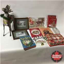 Christmas Grouping: Reindeer Decoration, Tree Ornaments, Books, Tinsel, Milk Bottle, Framed Prints,