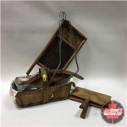 Group : Wooden Apple Basket, Wool Carder, DUBL HANDI Washboard, Sock Stretchers, Wooden Hangers, Flo