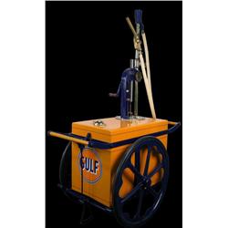 Gulf Oil gas push cart, restored with 15 cent sign