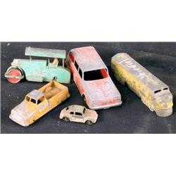 5 misc pot metal toys... cars and a tractor