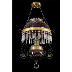 Victorian hanging lamp with cranberry shade and fount