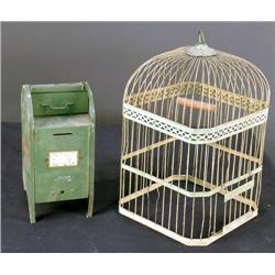 1 lot of 2 items: brass bird cage and a toy mail-box