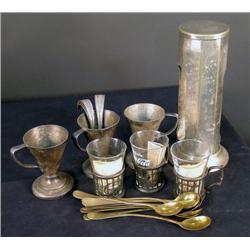 Lot of Soda Fountain Cups, Cup Holders, Spoons, and Straw