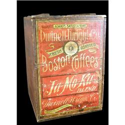 Early Ja-Mo-Ka coffee, wooden bin w all paper labels
