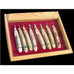 Oak, straight razor display case with 8 nudie razors