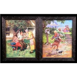 2, framed, prints showing young boys....